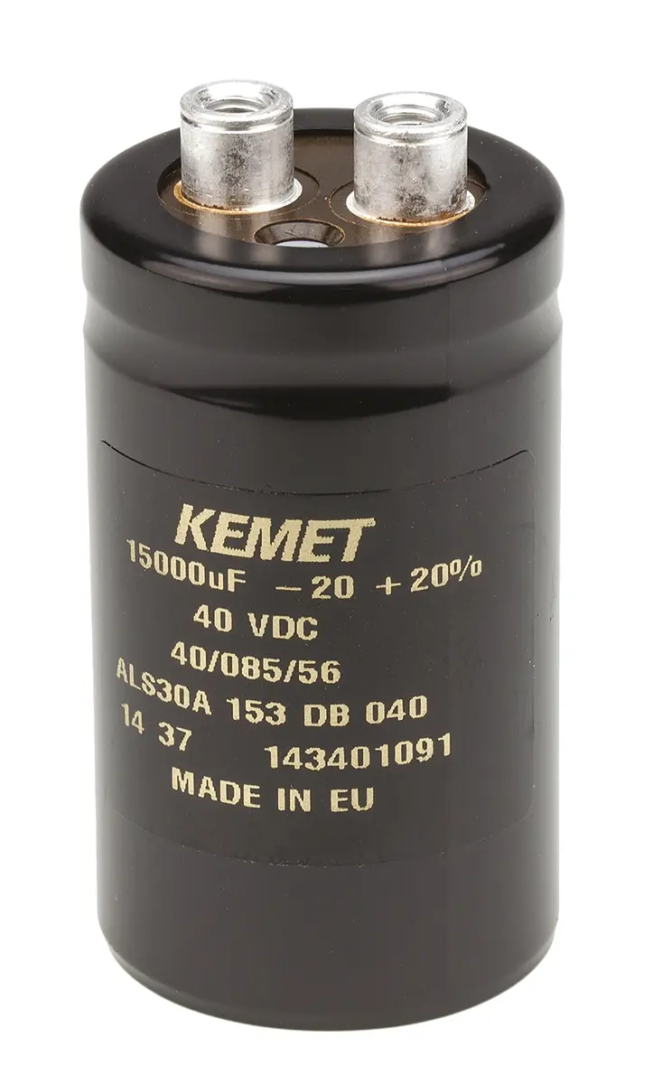 Produktfoto 1 von KEMET ALS30, Schraub Aluminium-Elektrolyt Kondensator 15000μF ±20% / 40V dc, Ø 36mm x 62mm x 62mm, +85°C