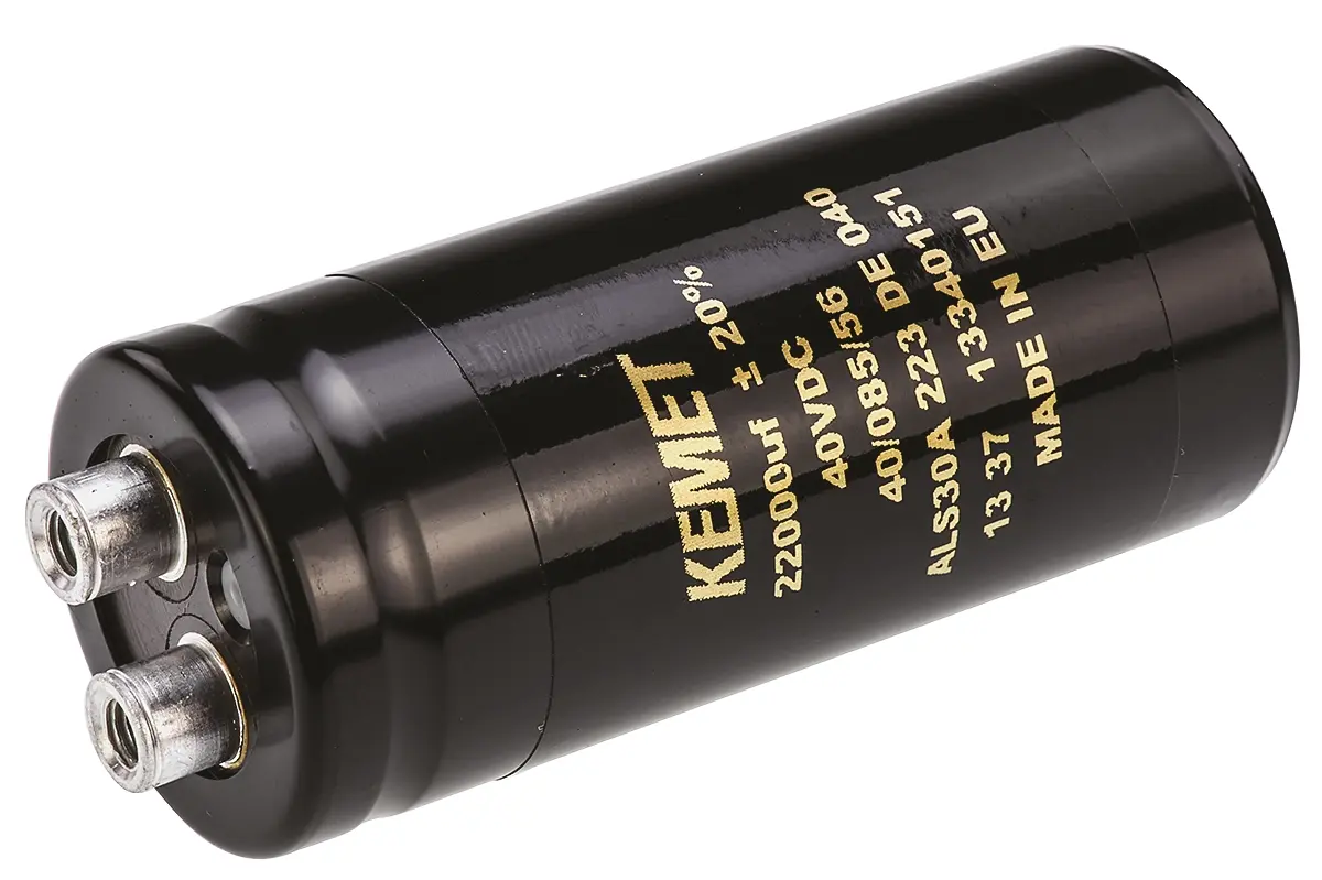 Produktfoto 1 von KEMET ALS30, Schraub Aluminium-Elektrolyt Kondensator 22000μF ±20% / 40V dc, Ø 36mm x 82mm x 82mm, +85°C