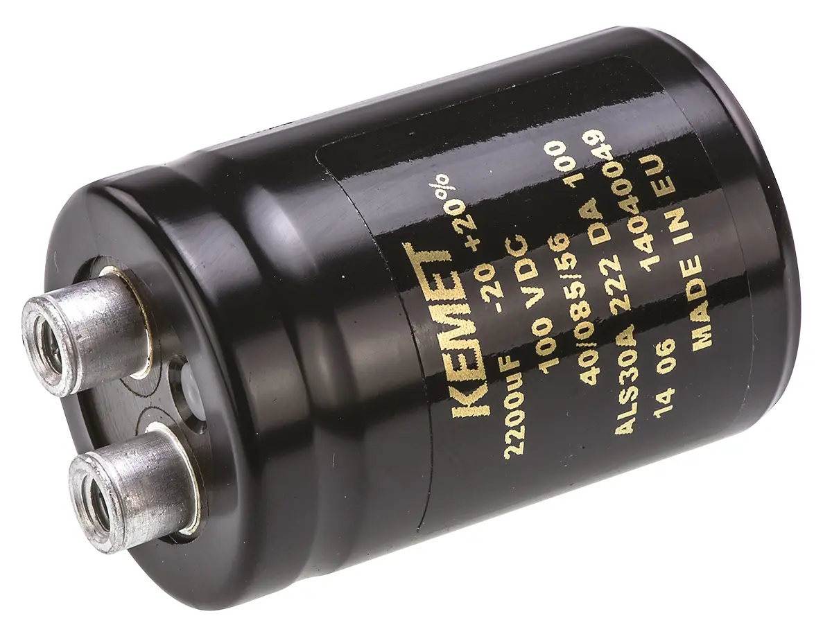 Produktfoto 1 von KEMET ALS30, Schraub Aluminium-Elektrolyt Kondensator 2200μF ±20% / 100V dc, Ø 36mm x 52mm x 52mm, +85°C