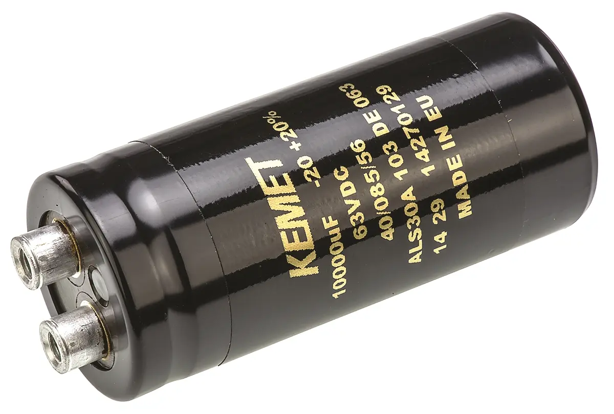 Produktfoto 1 von KEMET ALS30, Schraub Aluminium-Elektrolyt Kondensator 10000μF ±20% / 63V dc, Ø 36mm x 82mm x 82mm, +85°C