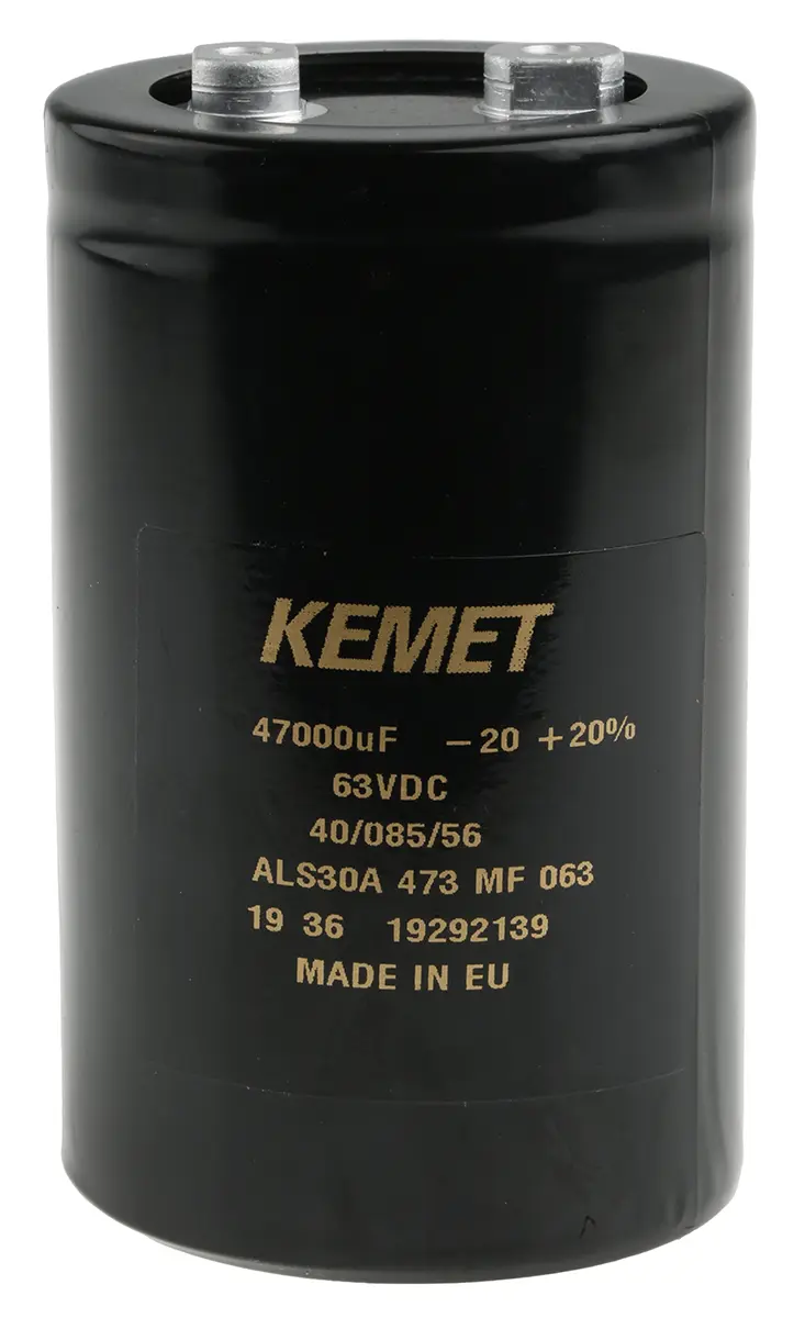 Produktfoto 1 von KEMET ALS30, Schraub Aluminium-Elektrolyt Kondensator 47000μF ±20% / 63V dc, Ø 66mm x 105mm x 105mm, +85°C