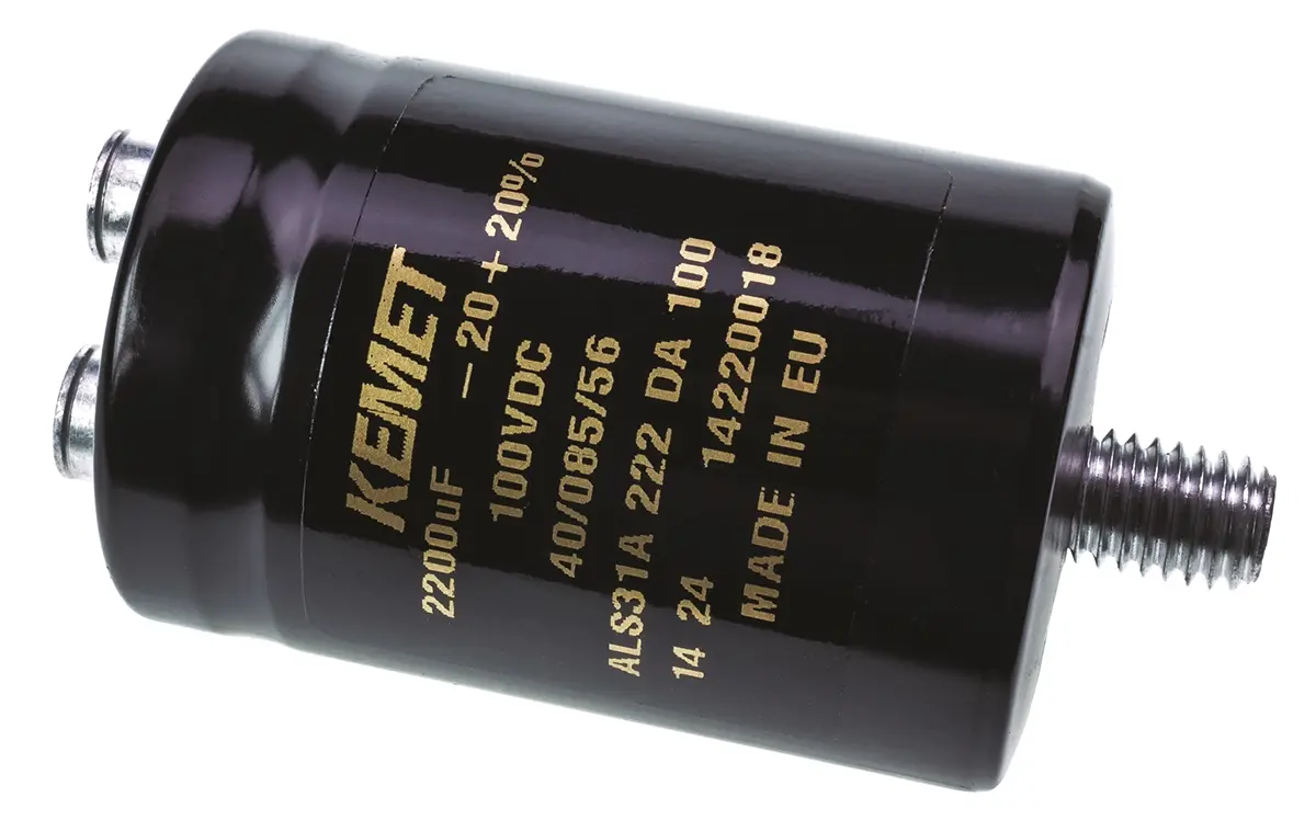 Produktfoto 1 von KEMET ALS31, Schraub Aluminium-Elektrolyt Kondensator 2200μF ±20% / 100V dc, Ø 36mm x 52mm x 52mm, +85°C