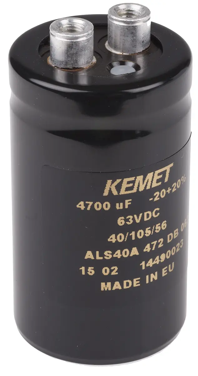 Produktfoto 1 von KEMET ALS40, Schraub Aluminium-Elektrolyt Kondensator 4700μF ±20% / 63V dc, Ø 36mm x 62mm x 62mm, bis 105°C