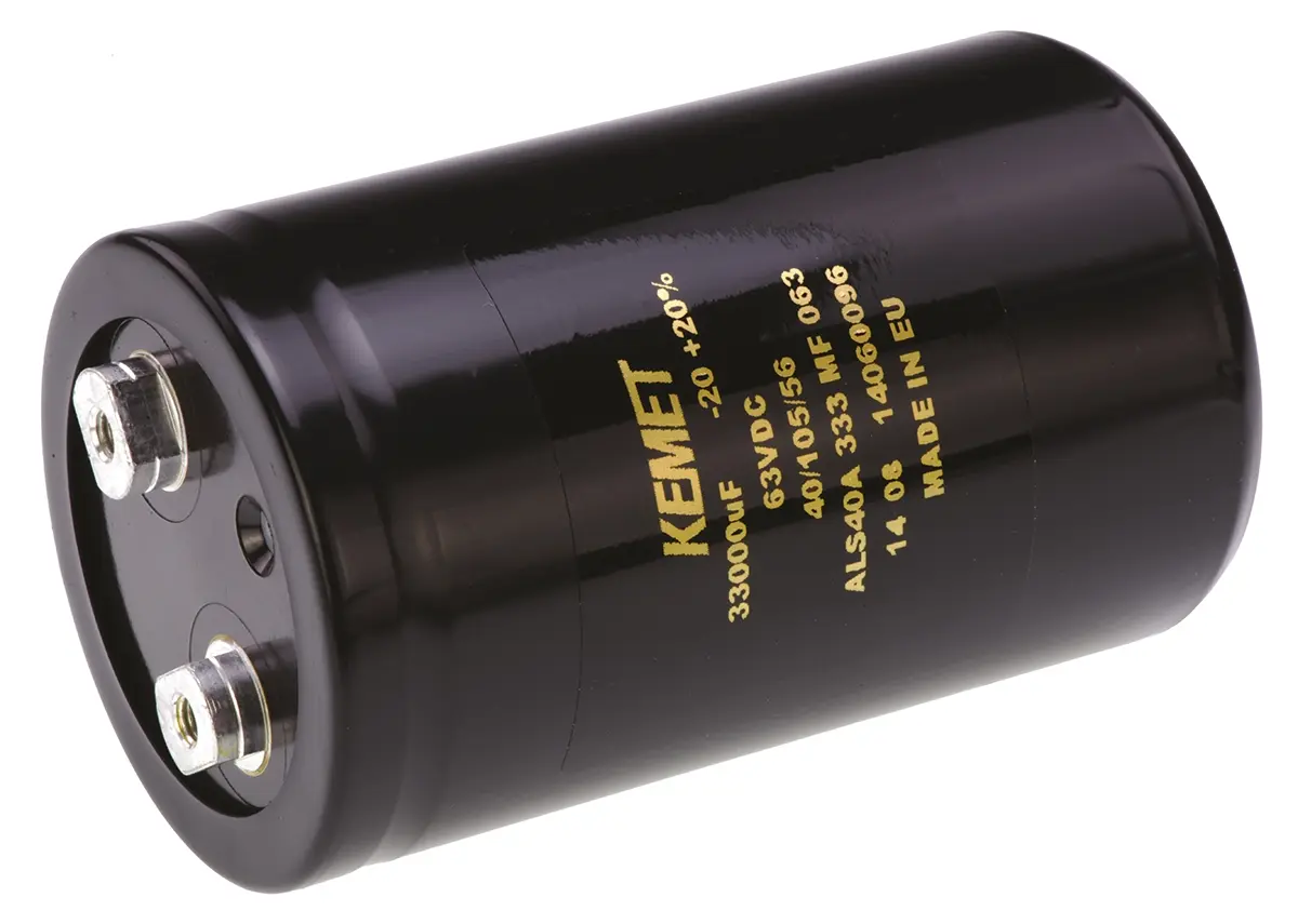 Produktfoto 1 von KEMET ALS40, Schraub Aluminium-Elektrolyt Kondensator 33000μF ±20% / 63V dc, Ø 66mm x 105mm x 105mm, bis 105°C