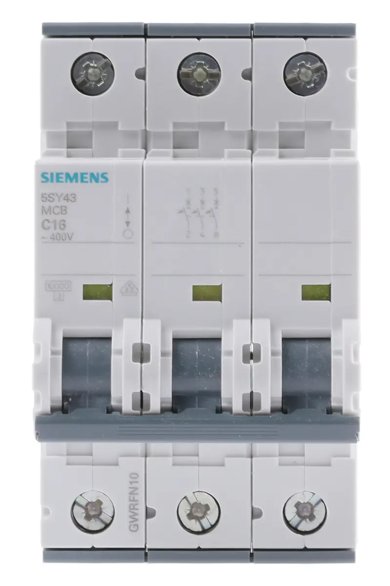 Produktfoto 1 von Siemens 5SY4 Miniaturüberlastschalter Typ C, Pol 3-polig 16 A 400 V ac, Abschaltvermögen 10 kA SENTRON 60 V dc