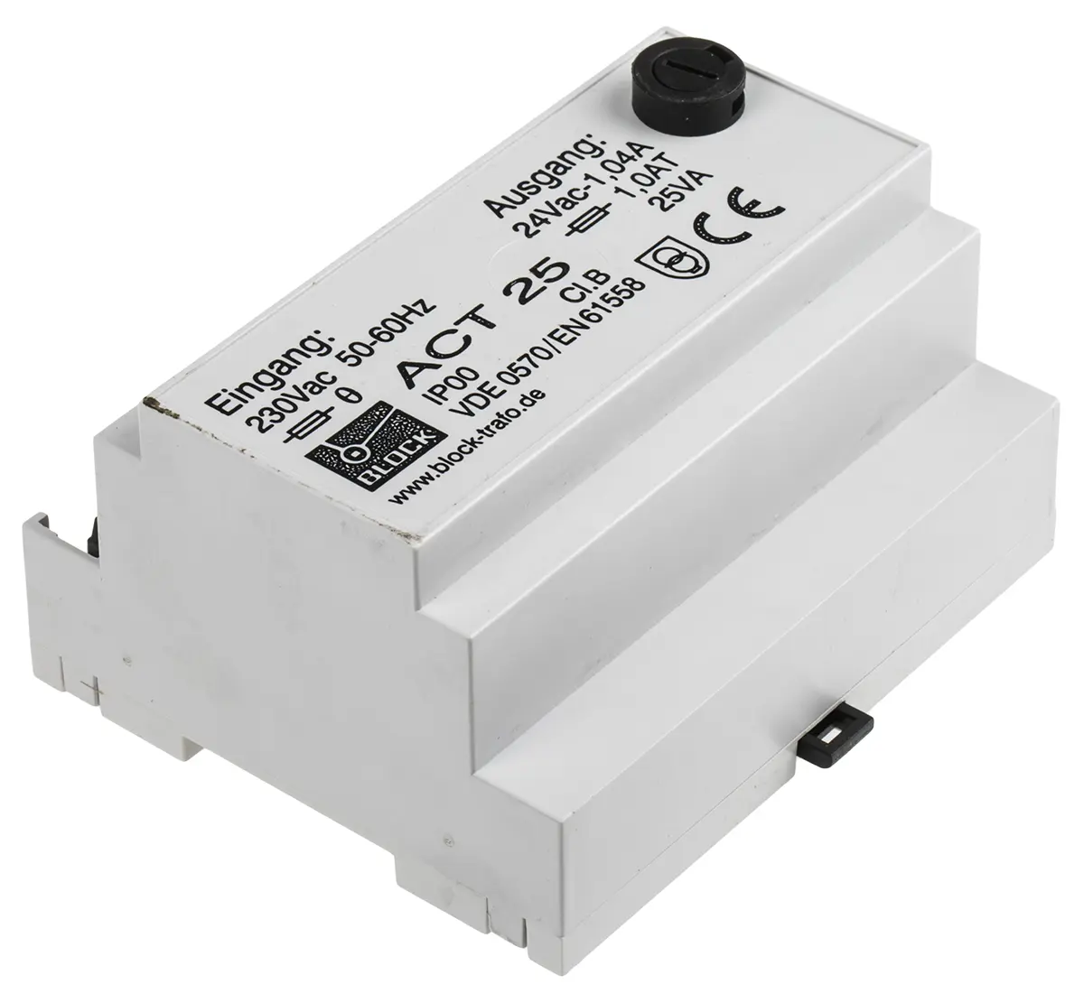 Produktfoto 1 von Block 25 VA DIN-Schienen-Trafo, Primär 230 V ac / Sekundär 24 V ac Panel 1 Ausg., 106.0 mm x 94.0mm x 63 mm