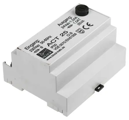 Block 25 VA DIN-Schienen-Trafo, Primär 230 V ac / Sekundär 24 V ac Panel 1 Ausg., 106.0 mm x 94.0mm x 63 mm
