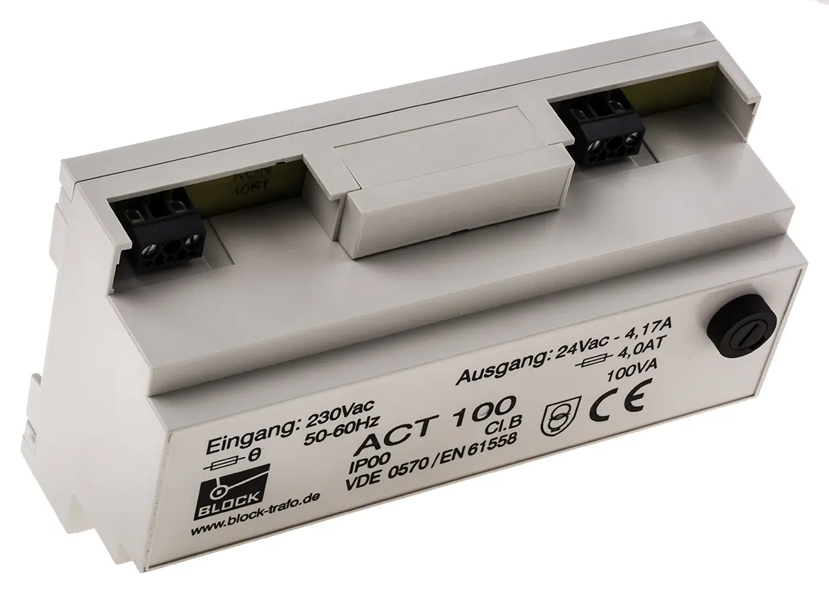 Produktfoto 1 von Block 100 VA DIN-Schienen-Trafo, Primär 230 V ac / Sekundär 24 V ac Panel 1 Ausg., 159.0 mm x 94.0mm x 63 mm