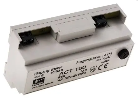 Block 100 VA DIN-Schienen-Trafo, Primär 230 V ac / Sekundär 24 V ac Panel 1 Ausg., 159.0 mm x 94.0mm x 63 mm