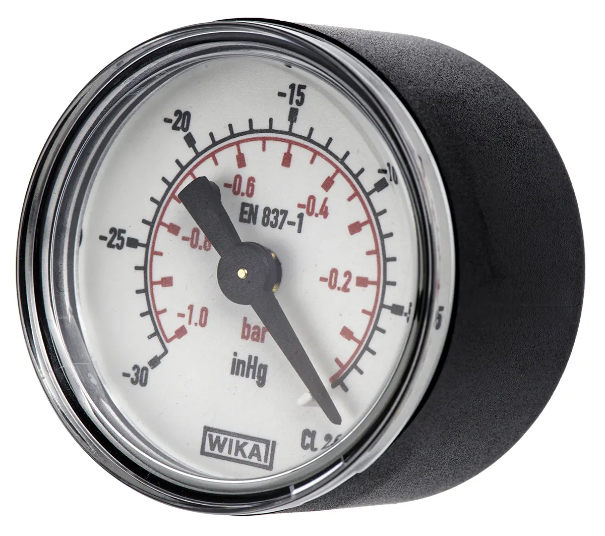 Produktfoto 1 von WIKA 111.12 Druckmessgerät Prozessanschluss hinten Analog -1bar → 0bar ± 1.6%, Ø 40mm Kunststoff Gehäuse