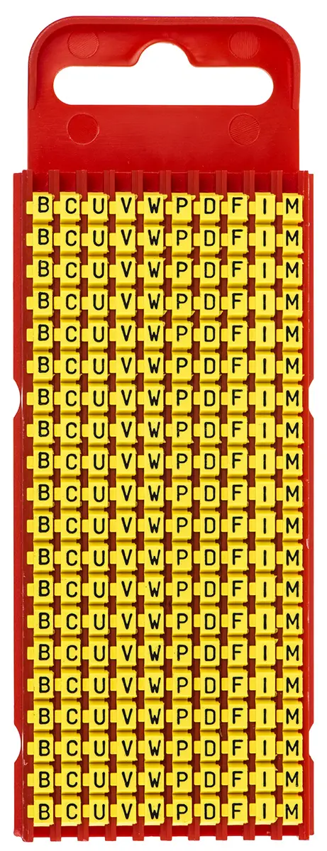 Produktfoto 1 von HellermannTyton WIC1 Kabelmarkierung Schnappbefestigung, Beschriftung: U, B, C, D, F, I, M, P, V, W, Schwarz Gelb, Ø 2
