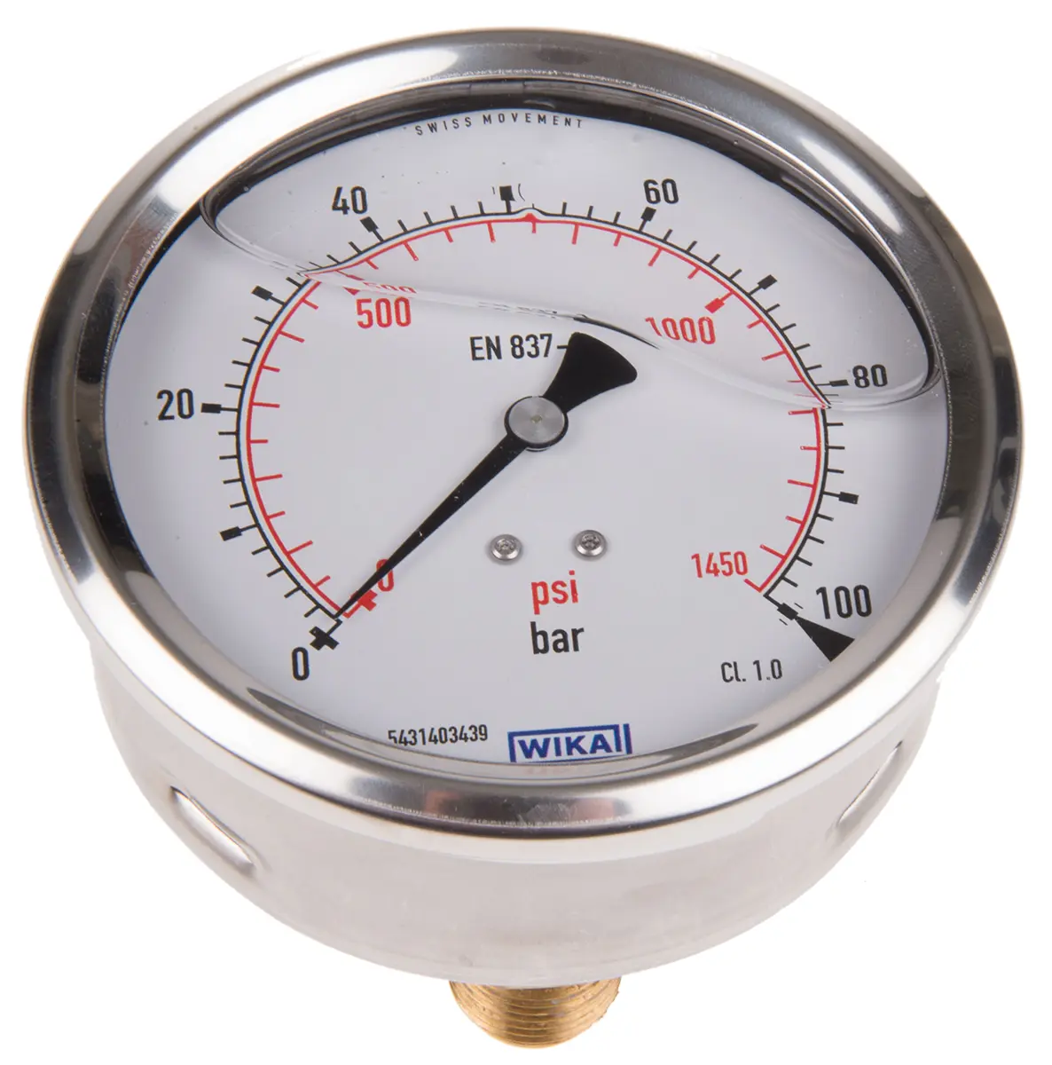 Produktfoto 1 von WIKA 213.53 Druckmessgerät Prozessanschluss hinten Analog 0bar → 100bar, Ø 100mm Edelstahl Gehäuse