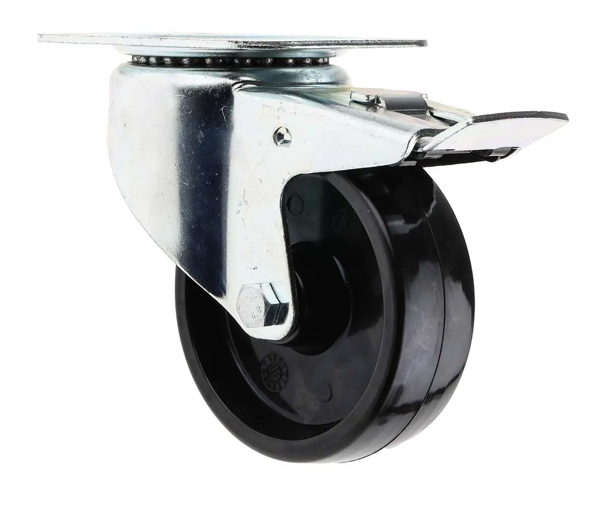 Produktfoto 1 von RS PRO Gebremst, schwenkbar Lenkrolle, Rad ø 100mm, 120kg, Ges H. 123mm, 100 x 80mm, Platte, Phenol-Material inkl Bremse