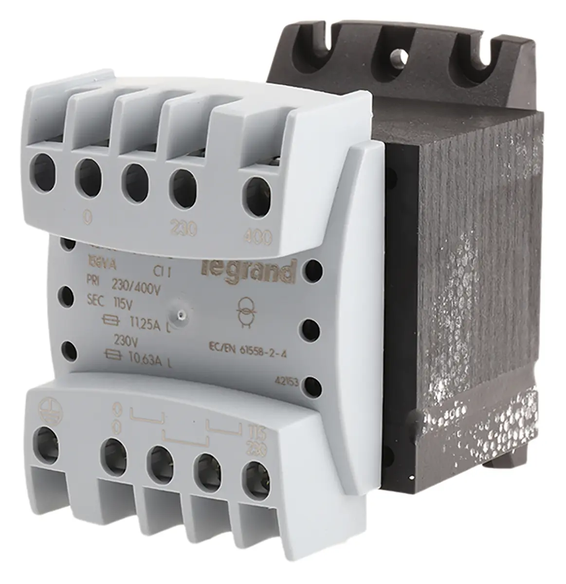 Produktfoto 1 von Legrand 160 VA DIN-Schienen-Trafo, Primär 230 to 400 V / Sekundär 230 V Schraubanschlussklemme, DIN-Hutschiene 1 Ausg.,
