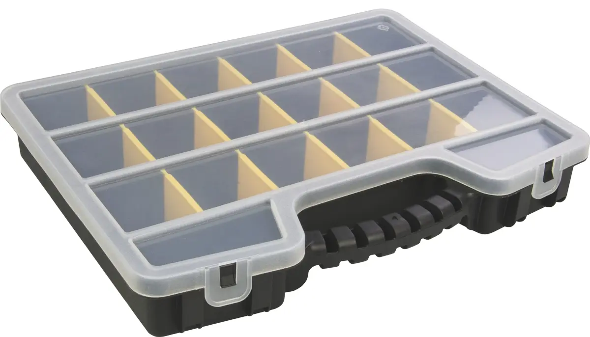 RS PRO Kleinteilebox, Polypropylen Klar, Schwarz, 17 Fächer Verstellbare Fächer, 60 mm x 395 mm x 305 mm
