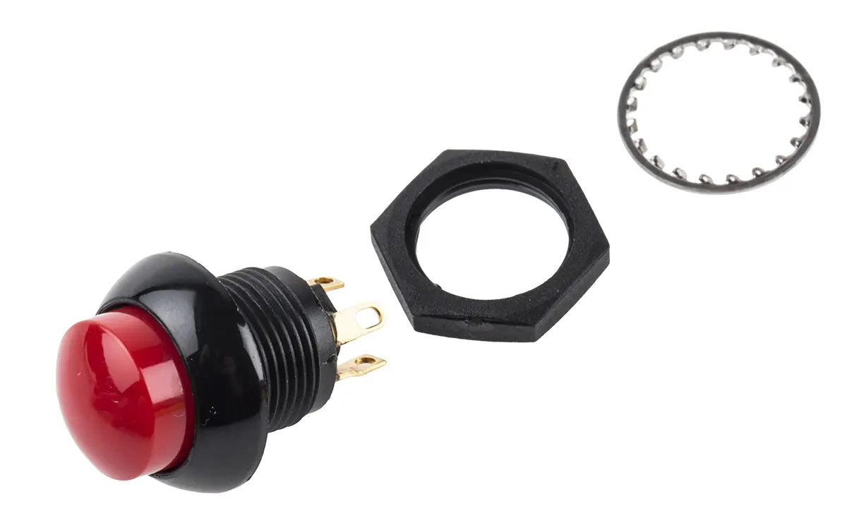 Produktfoto 1 von Otto P9 Druckschalter Rot Tastend Panel Ø 0.505 in, 2-poliger Umschalter / 5 A 28 V dc 115 V ac, IP68