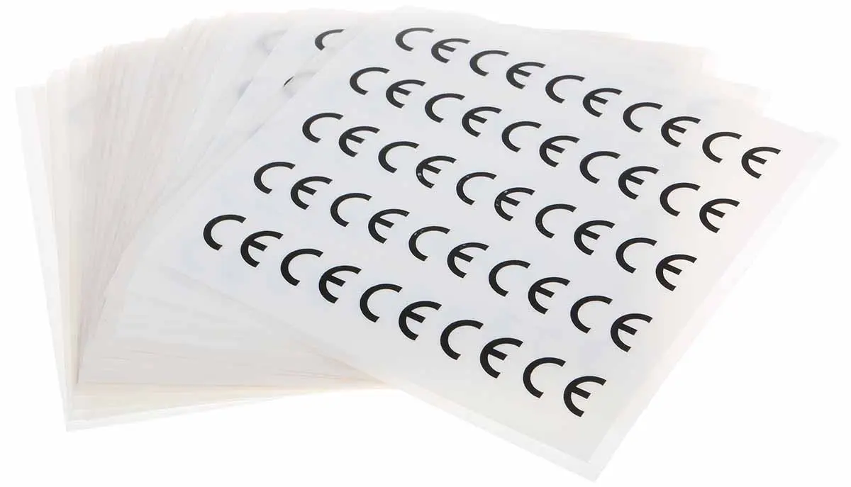 Produktfoto 1 von RS PRO, Klebend Schwarz Vorbedrucktes, selbstklebendes Etikett: CE, 19.05mm x 19.05 mm, 500 pro Paket Stück