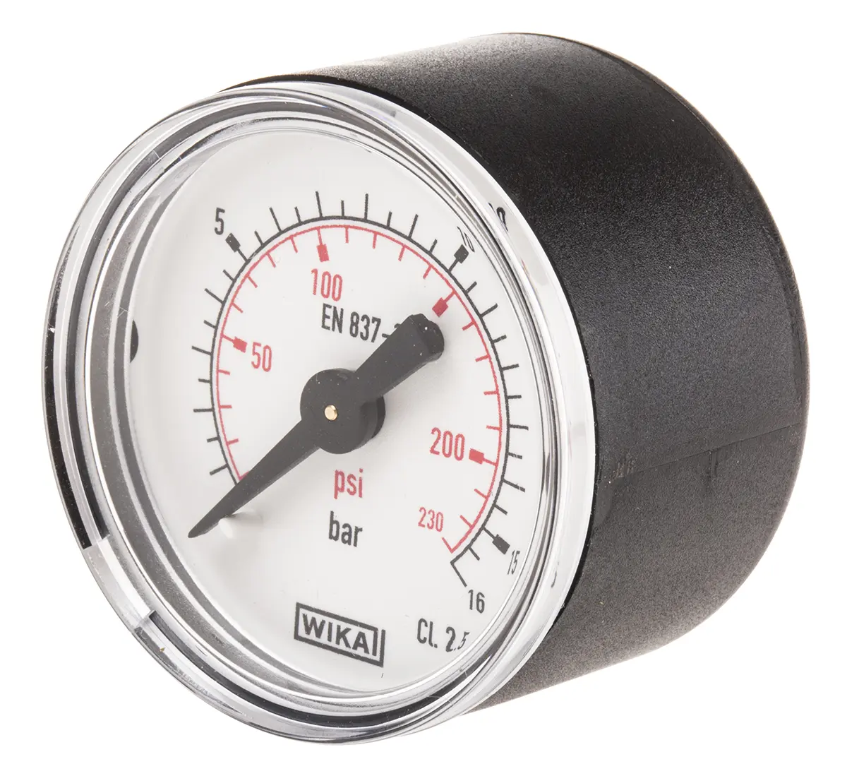 Produktfoto 1 von WIKA 111.12 Druckmessgerät Prozessanschluss hinten Analog 0bar → 16bar ± 1.6%, Ø 40mm Kunststoff Gehäuse