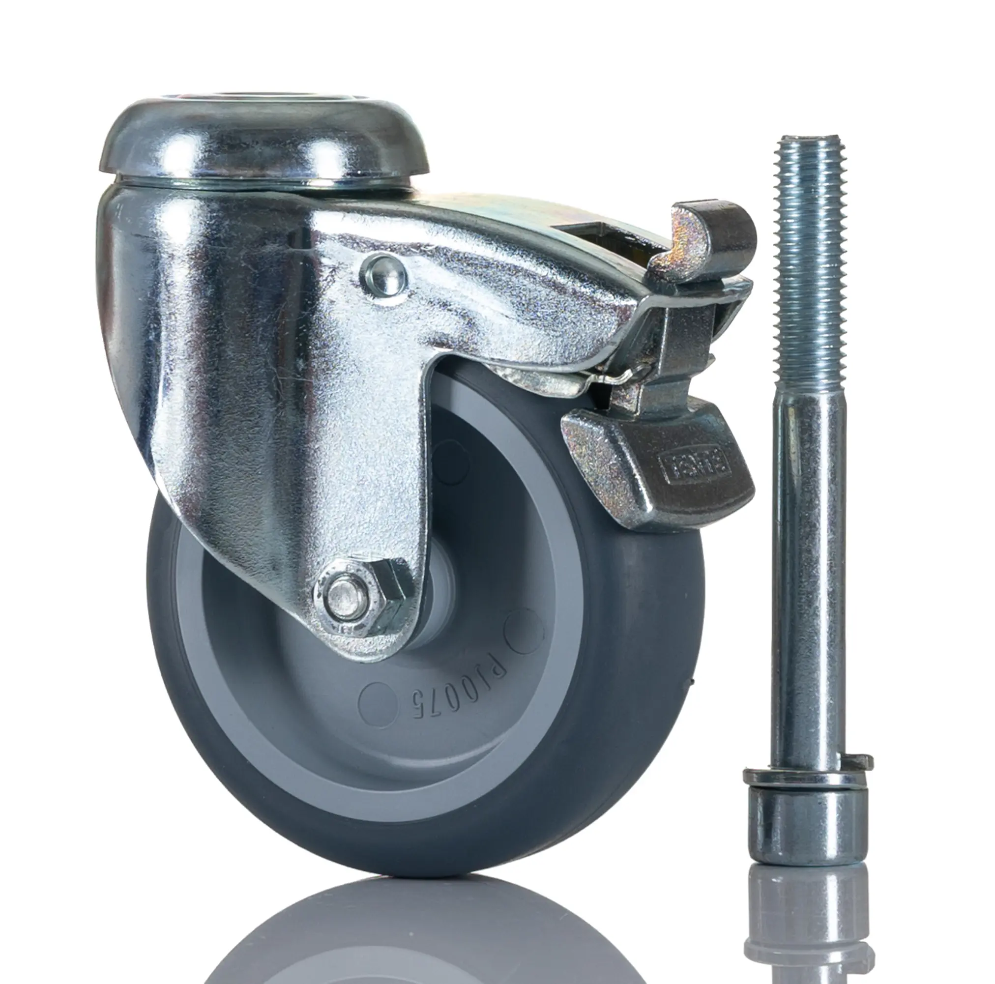Produktfoto 1 von Tente Drehlager Lenkrolle, Rad ø 75mm, 75kg, Ges H. 100mm, Rad B. 25mm, Einfachbolzen, Gummi-Material inkl Bremse