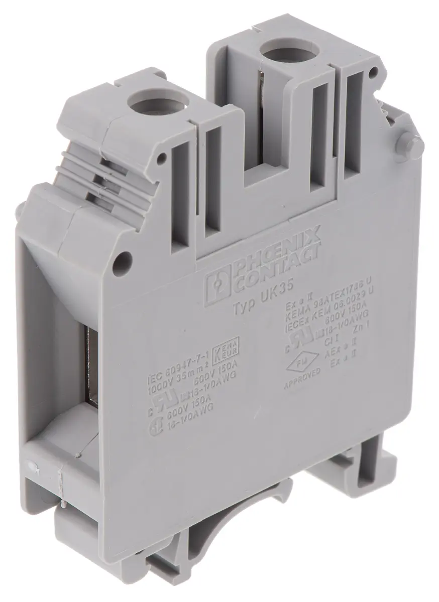Produktfoto 1 von Phoenix Contact UK 35 Reihenklemmenblock Einfach Grau, 0.75 → 35mm², 1 kV / 150A, Schraubanschluss
