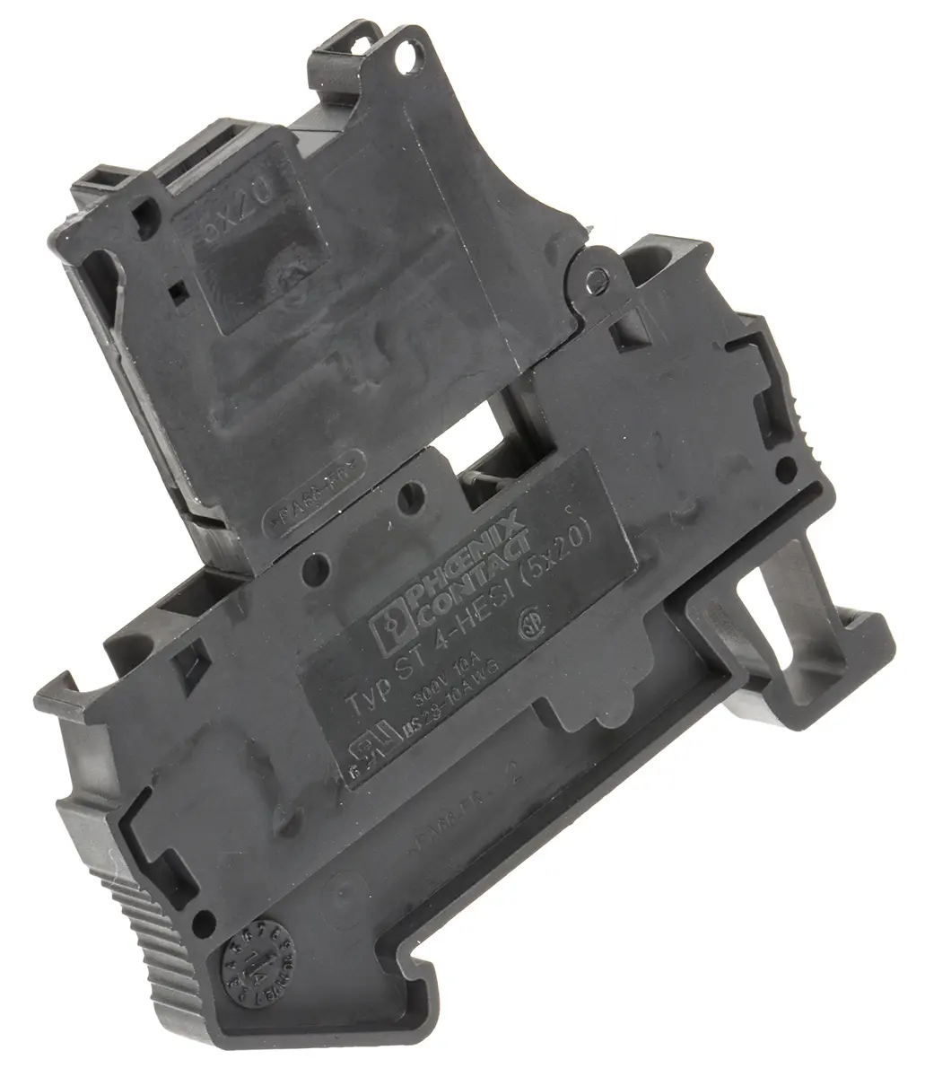 Produktfoto 1 von Phoenix Contact ST 4-HESI (5X20) Reihenklemme mit Sicherungshalter Einfach Schwarz, 4mm², 500 V / 6.3A, Federklemme