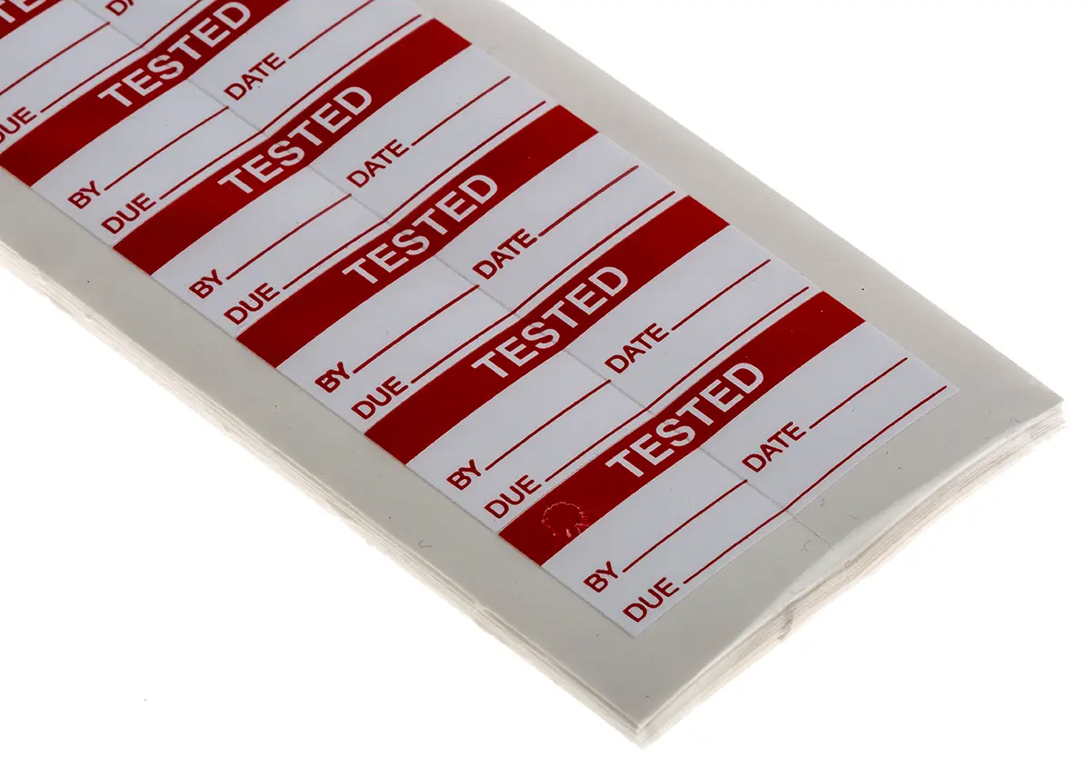 Produktfoto 1 von RS PRO, Klebend Rot Vorbedrucktes, selbstklebendes Etikett: Getestet, 16mm x 38 mm, 140 pro Paket Stück