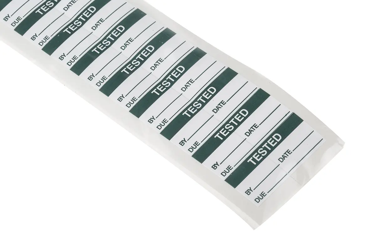 Produktfoto 1 von RS PRO, Klebend Dunkelgrün Vorbedrucktes, selbstklebendes Etikett: Getestet, 16mm x 38 mm, 140 pro Paket Stück