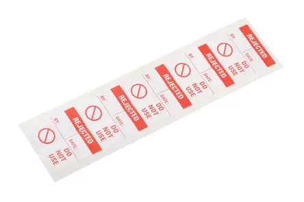 Produktfoto 1 von RS PRO, Klebend Rot Vorbedrucktes, selbstklebendes Etikett: Abgelehnt Nicht verwenden, 38mm x 38 mm, 50 pro Paket Stück