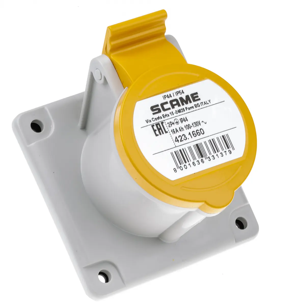 Produktfoto 1 von Scame Optima Leistungssteckverbinder Gelb, 110V 2P+PE / 16A, Panel IP44
