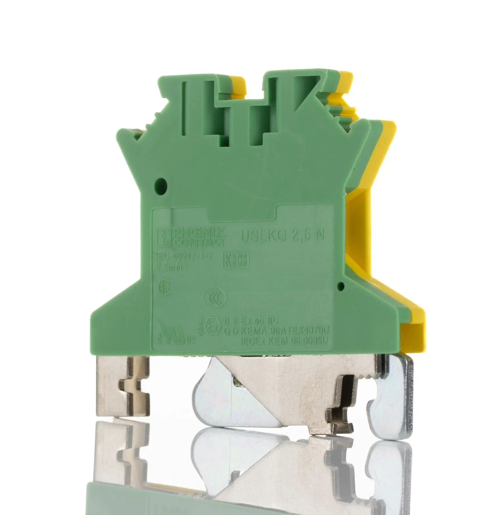 Produktfoto 1 von Phoenix Contact Erdanschlussklemmenblock, DIN-Hutschiene, 2-polig, 24/12 AWG, 0.2 to 4 mm² Schraubbefestigung, Grün,