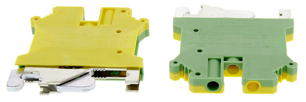 Produktfoto 1 von Phoenix Contact Erdanschlussklemmenblock, DIN-Hutschiene, 2-polig, 24/10 AWG, 6 mm² Schraubbefestigung, Grün, Gelb