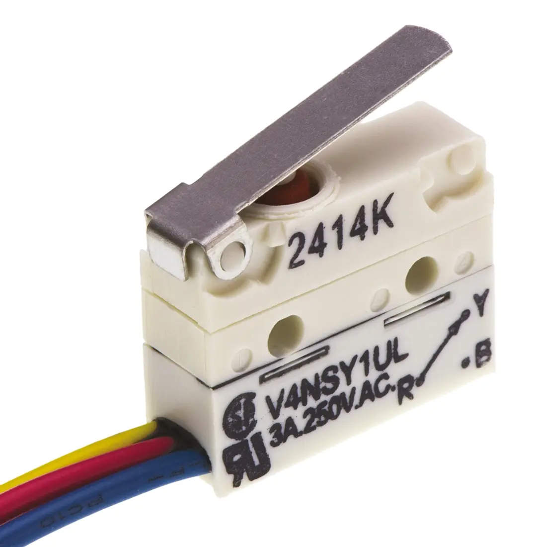Produktfoto 1 von Saia-Burgess Mikroschalter Kurzer Hebel-Betätiger Vorverdrahtet, 1-poliger Umschalter, 250 V ac, 3A IP67 0.9N -40 °C -