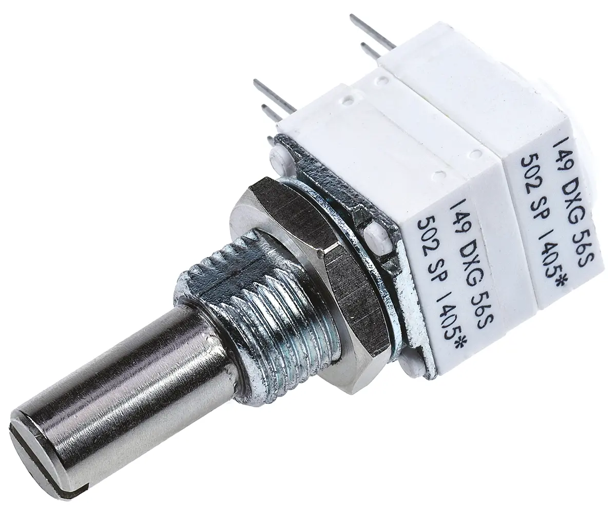Vishay 149 THT, Tafelmontage Dreh Potentiometer 5kΩ ±10% / 1W / 2 Ausbrüche, Schaft-Ø 6.35 mm