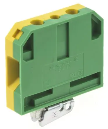 Produktfoto 1 von Weidmüller Schutzleiterklemme, EK 16, 2-polig, 10AWG, 6 AWG, 16mm² Schraubbefestigung, Gelb, Grün Nylon ATEX