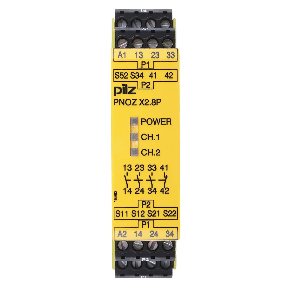Produktfoto 1 von Pilz PNOZ X2.8P Sicherheitsrelais, 24 → 240V ac/dc, 1, 2-Kanal, 3 Sicherheitskontakte Not-Aus, 1 Hilfsschalter,