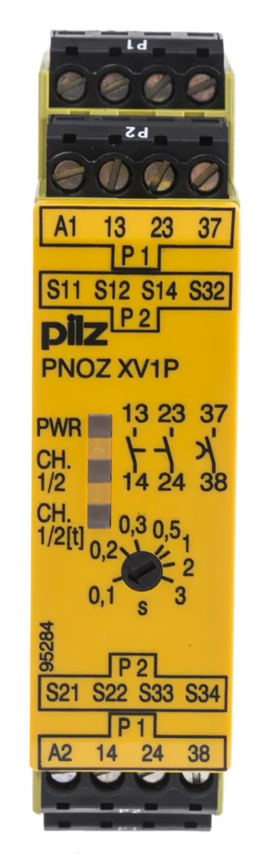 Produktfoto 1 von Pilz PNOZ XV1P Sicherheitsrelais, 24V dc, 1, 2-Kanal, 2 Sicherheitskontakte Not-Aus, 3 ISO 13849-1, Automatisch,