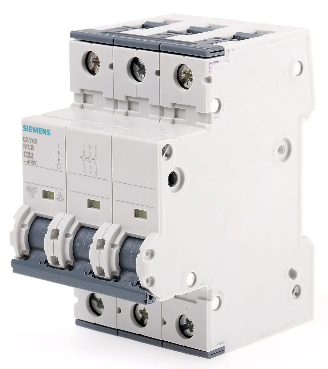Produktfoto 1 von Siemens 5SY6 Miniaturüberlastschalter Typ C, Pol 3-polig 32 A 400 V ac, Abschaltvermögen 6 kA SENTRON 72 V dc