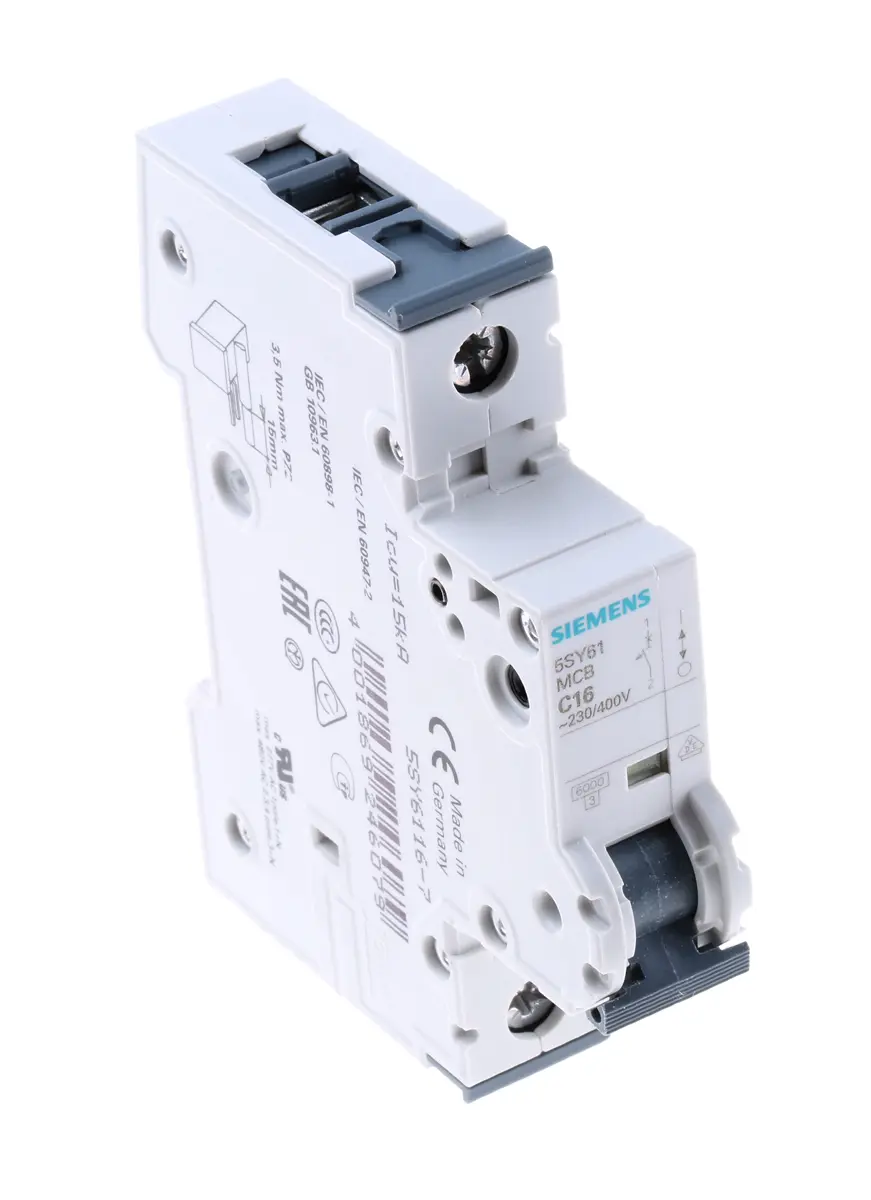 Produktfoto 1 von Siemens 5SY6 Miniaturüberlastschalter Typ C, Pol 1-polig 16 A 400 V ac, Abschaltvermögen 6 kA SENTRON 72 V dc