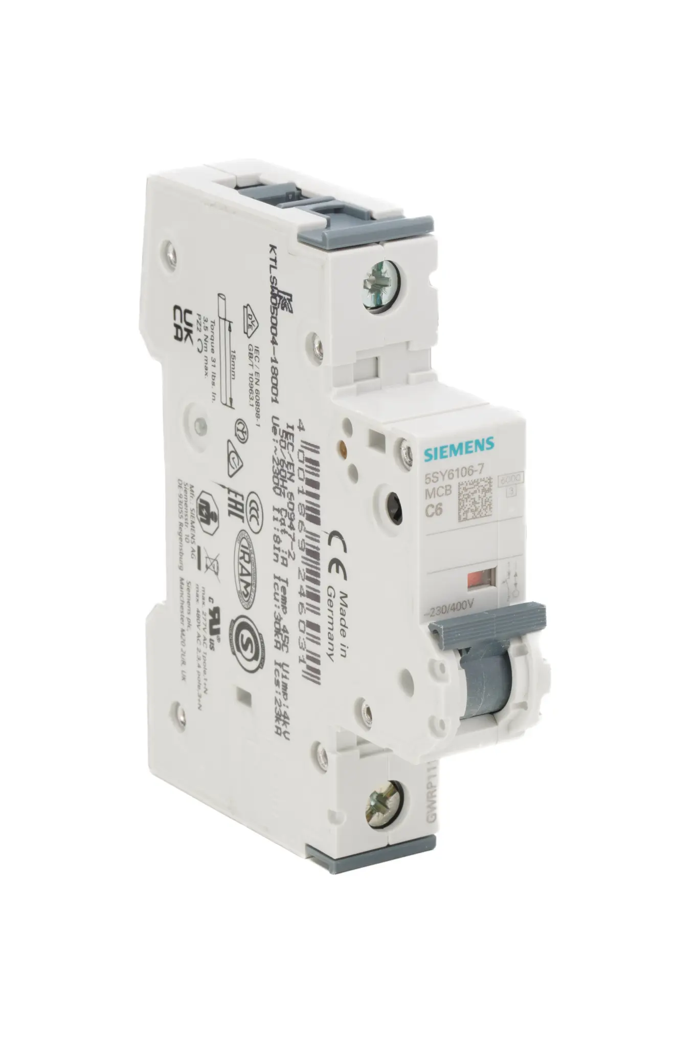 Produktfoto 1 von Siemens 5SY6 Miniaturüberlastschalter Typ C, Pol 1-polig 6 A 400 V ac, Abschaltvermögen 6 kA SENTRON 72 V dc