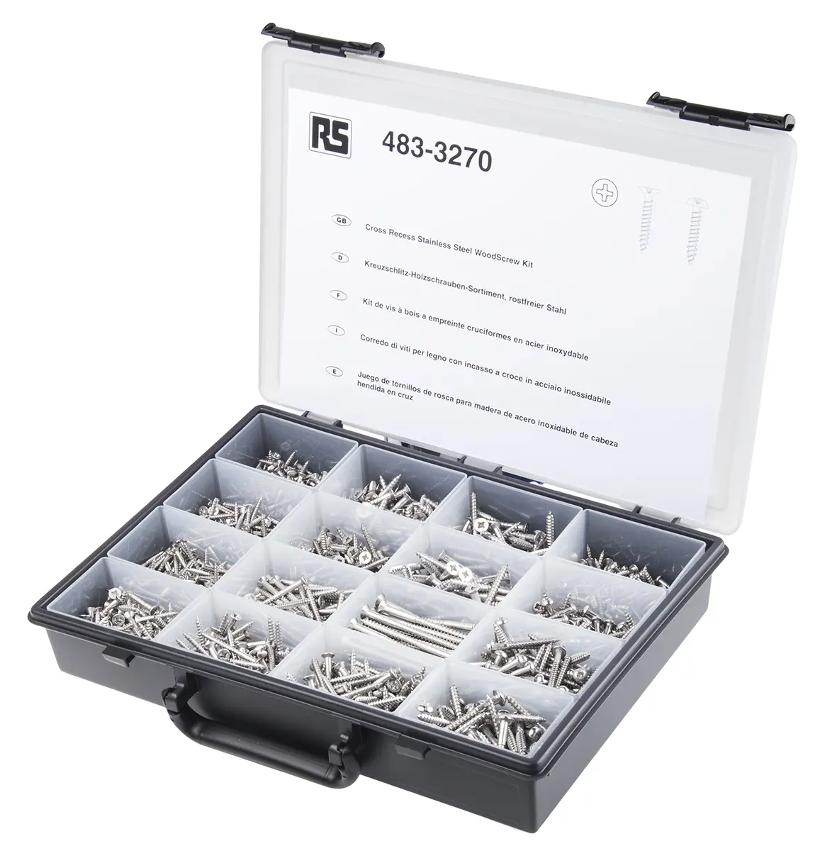 Produktfoto 1 von RS PRO Edelstahl Pozidriv, Schlitz Schrauben Sortiment Flach x 0.5 in x 0.75 in, 1250 Stück