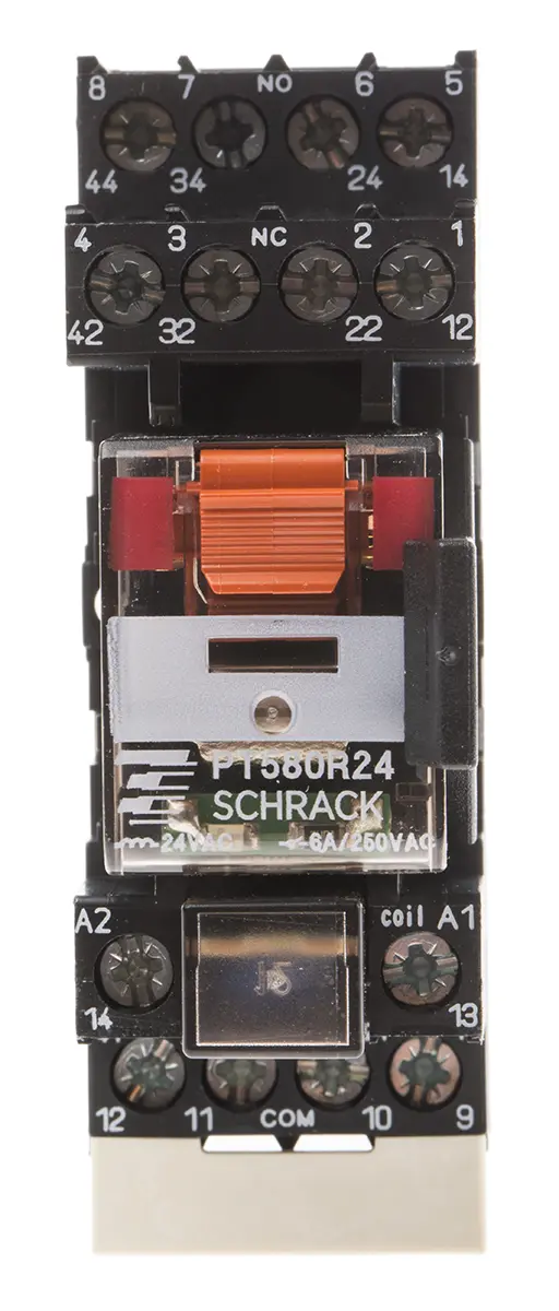 Produktfoto 1 von TE Connectivity PT 24V ac Spule 4-poliger Wechsler für DIN-Schienen 6A 192Ω 1W Monostabiles Relais