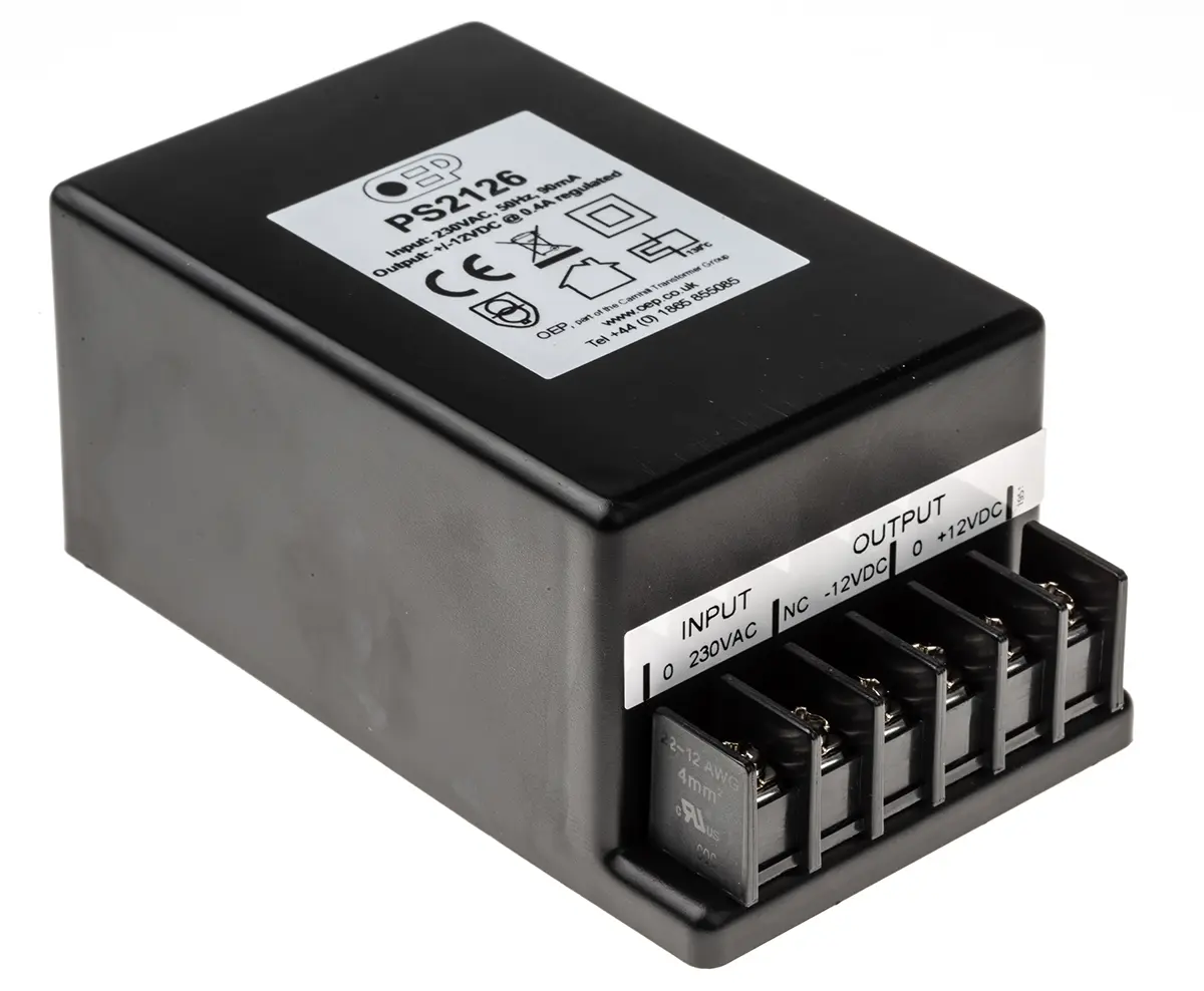 Produktfoto 1 von OEP Linearnetzteil, 400 mA 12 V 2 Ausg.  L. 119 mm 9.6 W B. 69 mm T. 51.3 mm