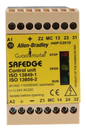 Produktfoto 1 von Allen Bradley 440F Sicherheitsrelais 230V ac/dc, 24 V ac/dc, 2 Sicherheitskontakte, 1 Hilfsschalter, Automatisch und