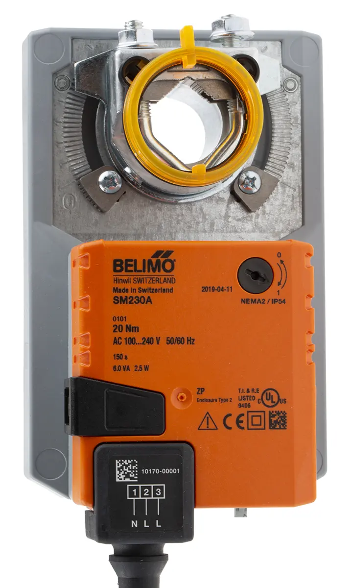 Produktfoto 1 von Belimo 4 m² Drosselklappenantrieb, 20 Nm Hilfsschalter integriert, Offen/Geschlossen, 2.5 W, 240 V ac