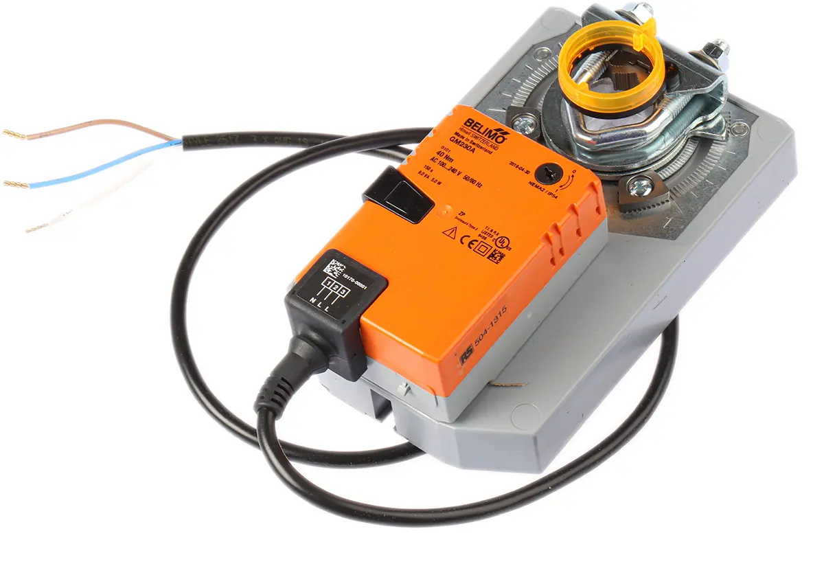 Produktfoto 1 von Belimo 8 m² Drosselklappenantrieb, 40 Nm Hilfsschalter integriert, Offen/Geschlossen, 5 W, 230 V ac