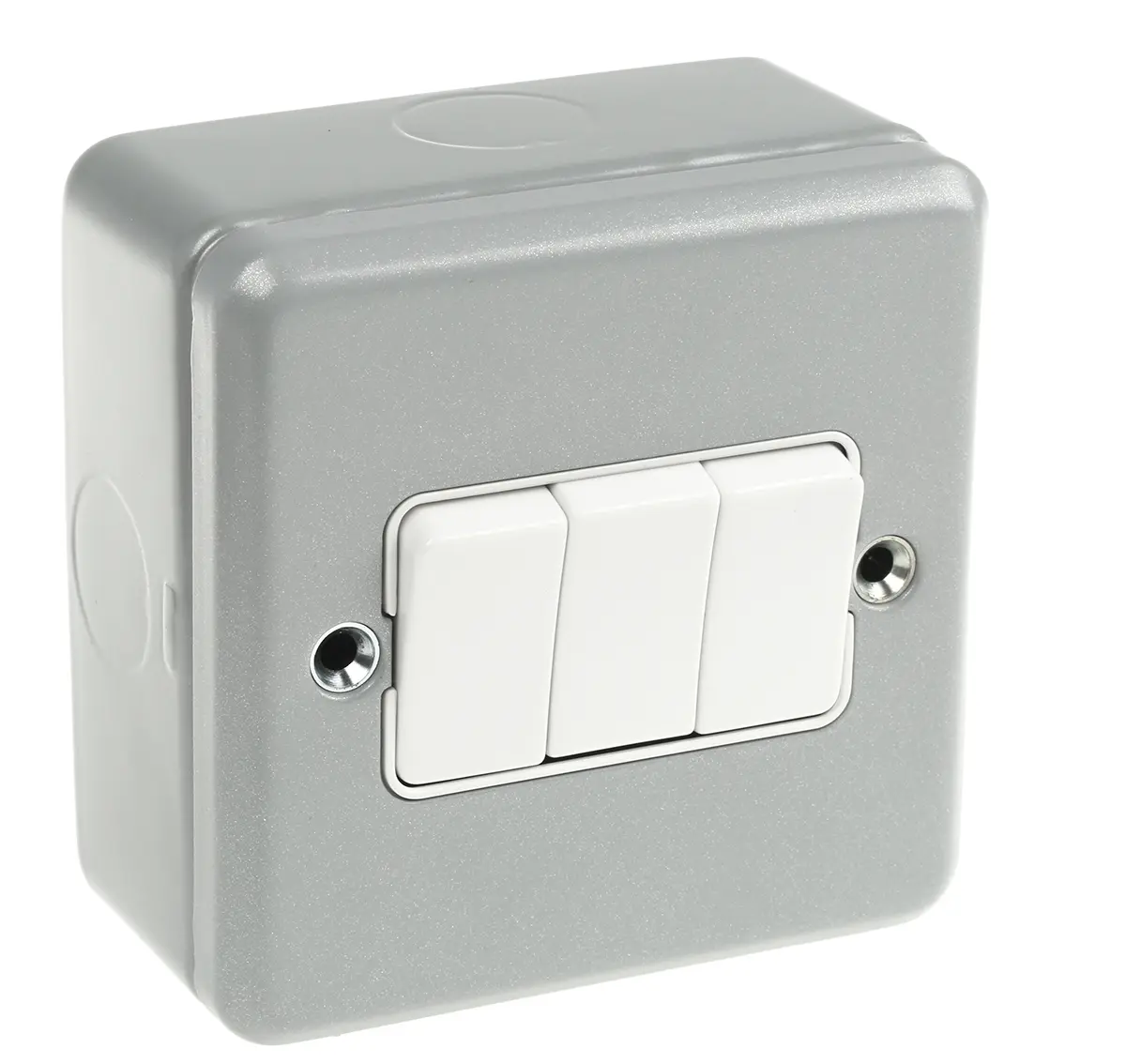 Produktfoto 1 von MK Electric Metal Clad Mittel, 2-fach, 1-Weg, Breiter Wippschalter Lichtschalter 3-teilig, 1-polig, 2 Wege Silber IP2X