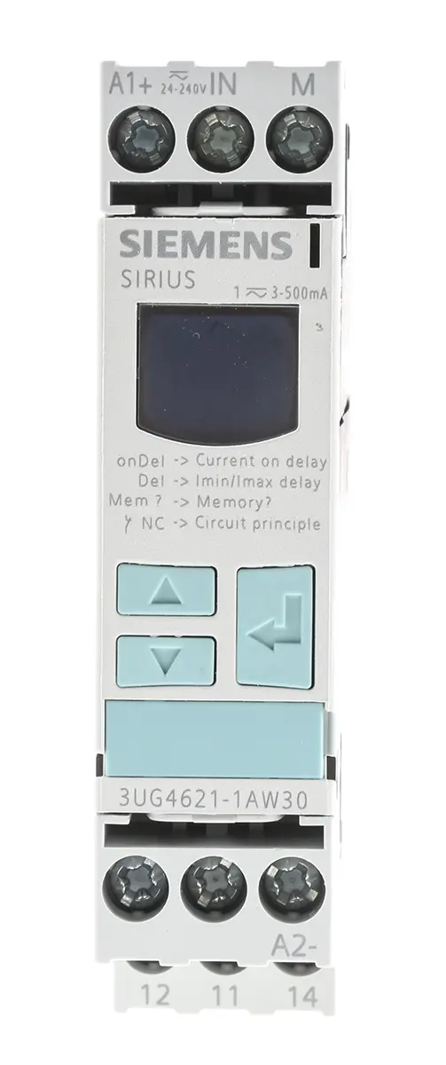 Produktfoto 1 von Siemens 3UG4 Überwachungsrelais 1-phasig, 1-poliger Umschalter Unterstrom, Überstrom 3mA - 500mA, DIN-Hutschiene, 240 V