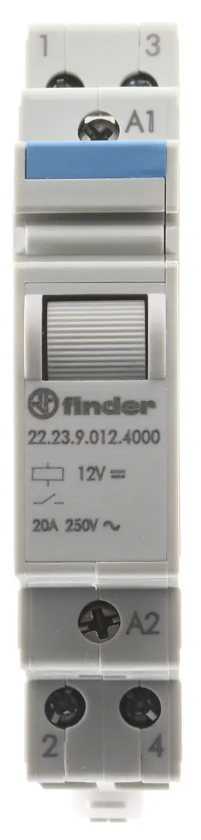Produktfoto 1 von Finder 12V dc Spule 1-poliger Öffner, 1-poliger Schließer für DIN-Schienen 20A 115Ω 1.25W Monostabiles Relais