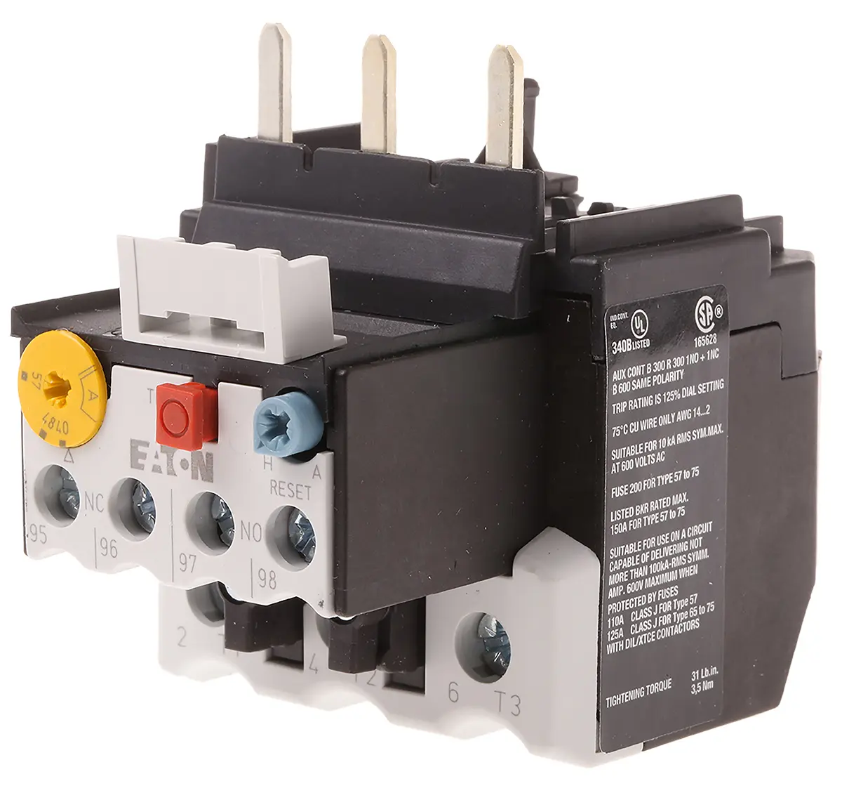 Produktfoto 1 von Eaton ZB65 Überlastrelais, / 40 to 57 A 7.5 W 1 Schließer/1 Öffner, 500V ac / 57 A, 172 mm x 60 mm