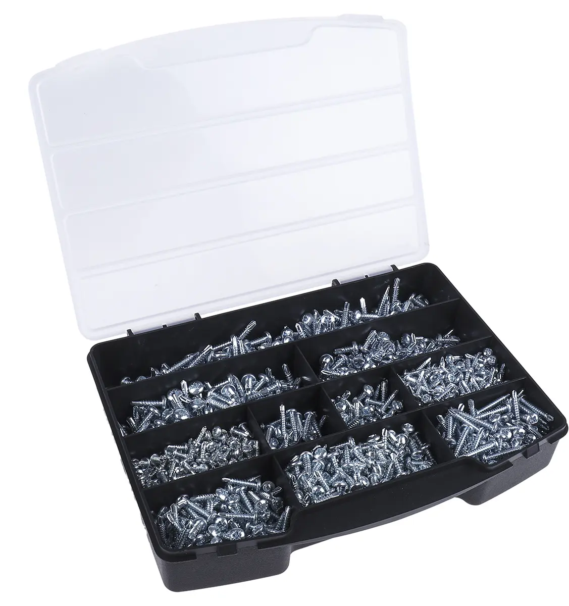 Produktfoto 1 von RS PRO Stahl Pozidriv Schrauben Sortiment Flachrund x 25 mm x 9 mm, 1190 Stück